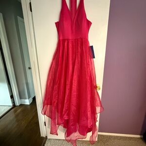Minuet Petite Pink Halter Tiered Prom Dress